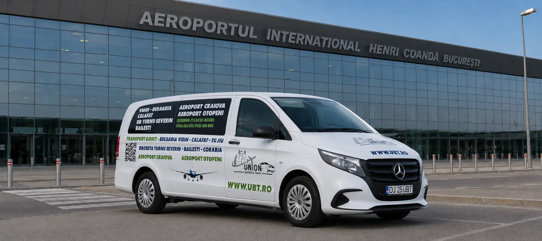 Microbuz Mercedes UBT în fața Aeroportului Henri Coandă